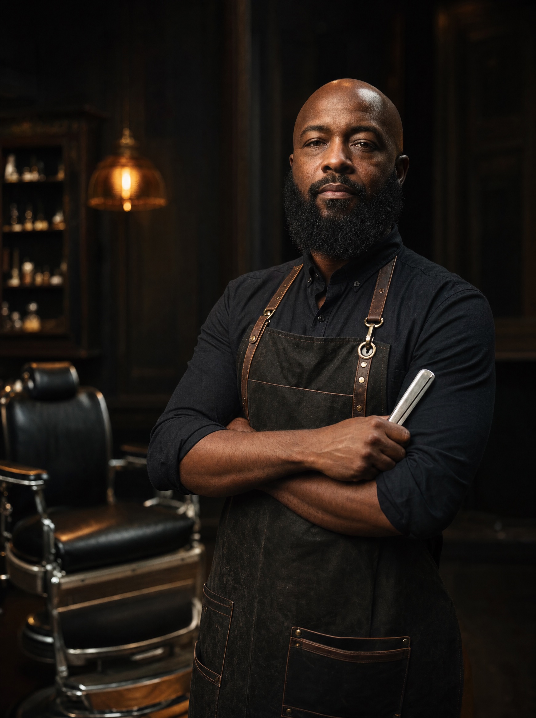 Portrait of Maurice Calloway, a bald barber with a full beard, holding a straight razor