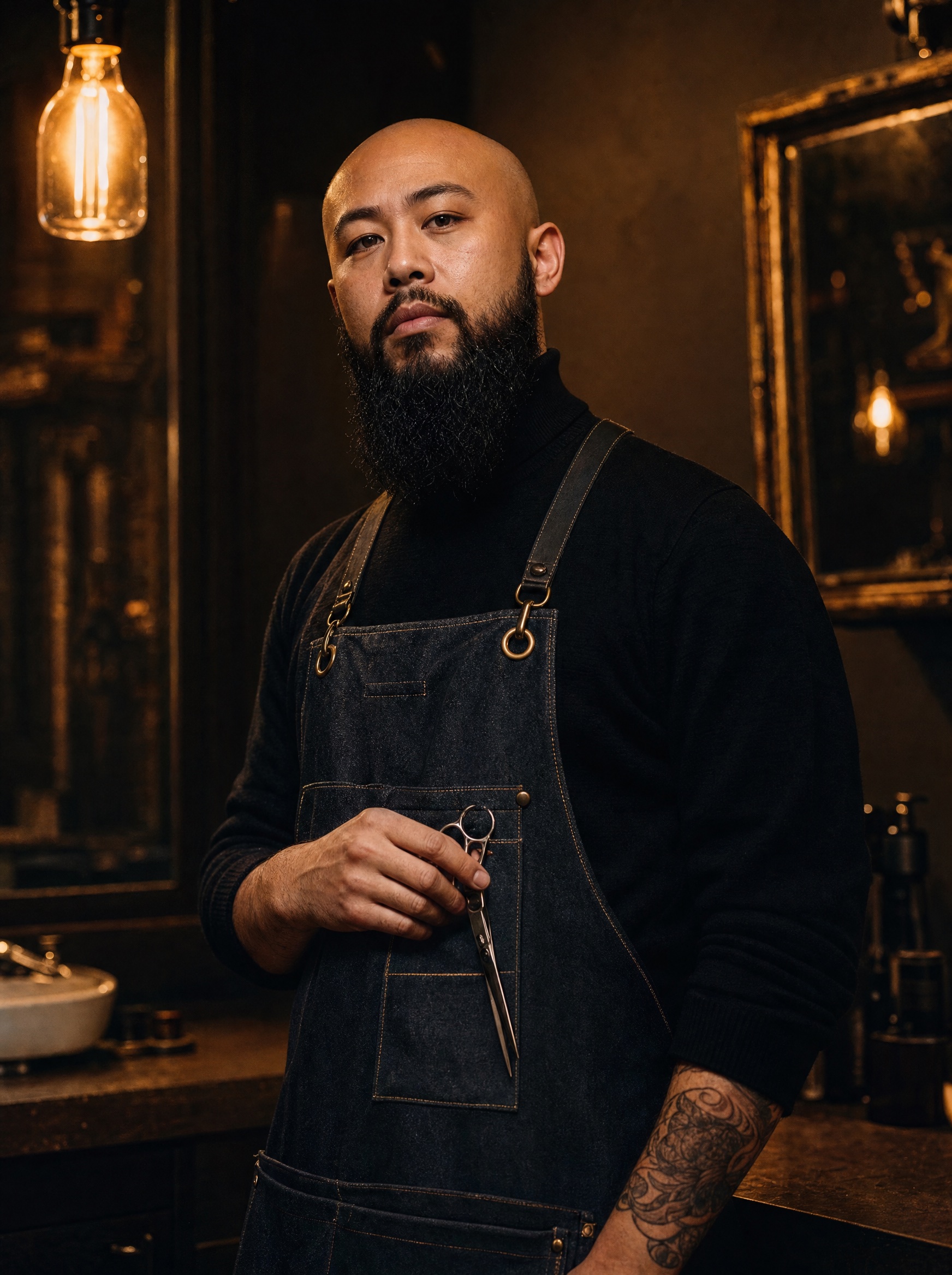 Portrait of Daniel Sato, a bald barber with a full black beard, holding barber scissors
