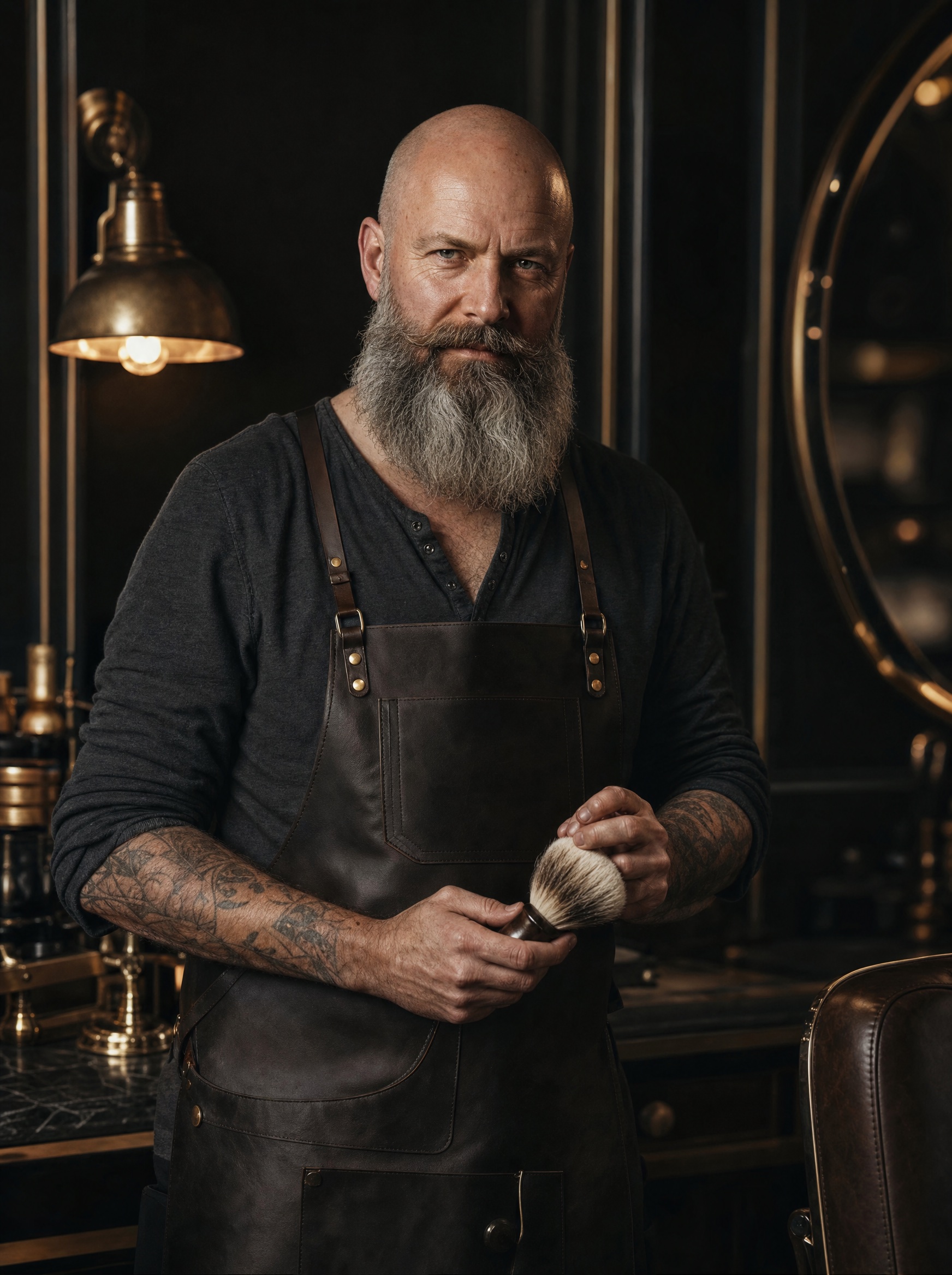 Portrait of Viktor Hale, a bald barber with a grey-flecked beard, holding a badger-hair brush
