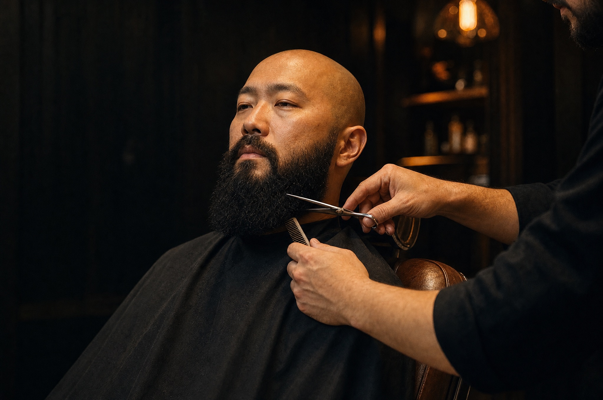 A bald, bearded client having his beard shaped with scissors and comb