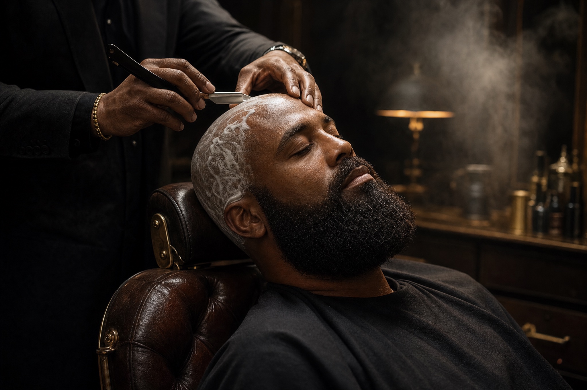 A bald, bearded client reclined in a leather chair receiving a straight-razor shave on his lathered scalp