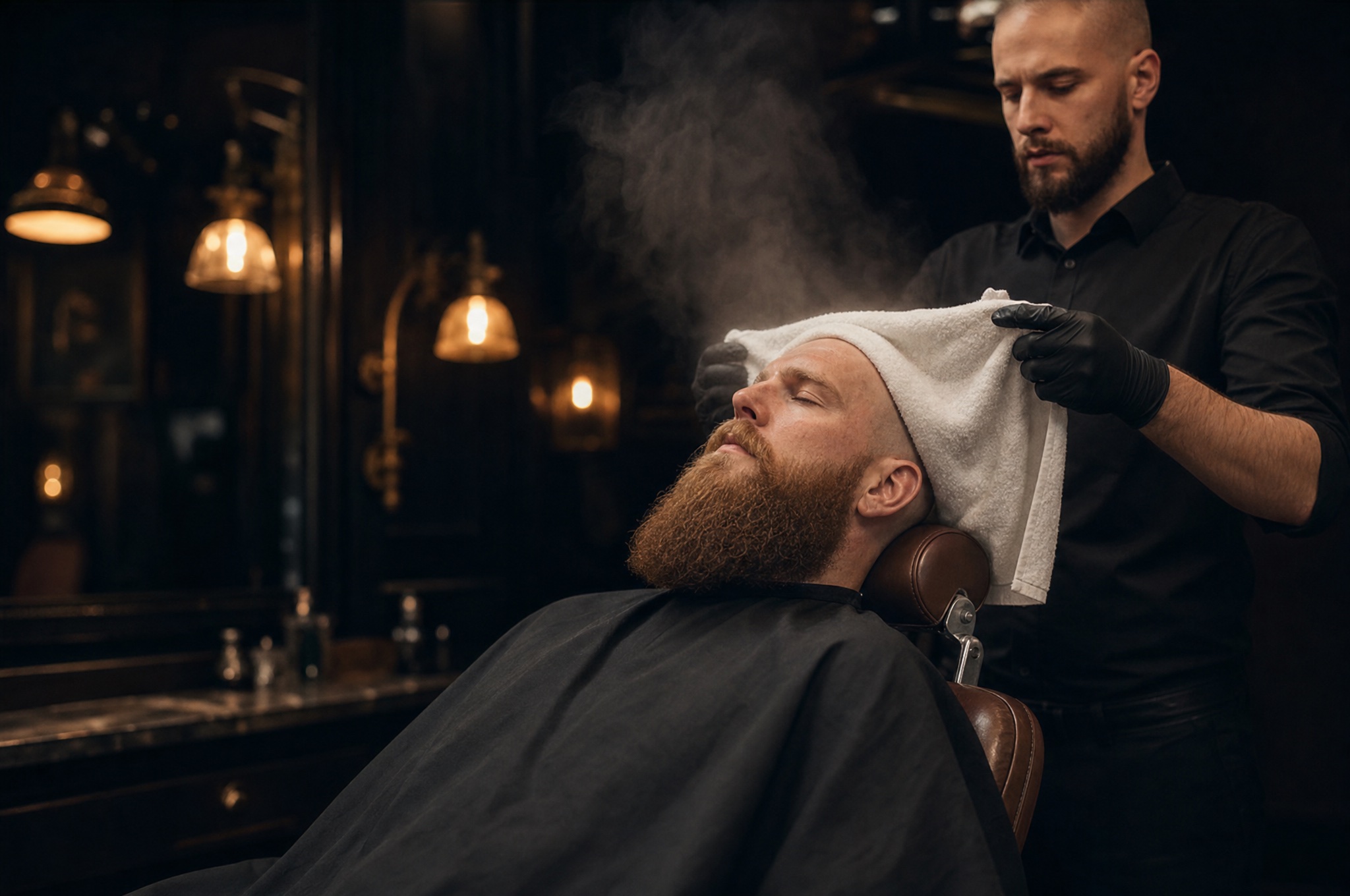 A bald, bearded client relaxing as a steaming hot towel is wrapped around his head
