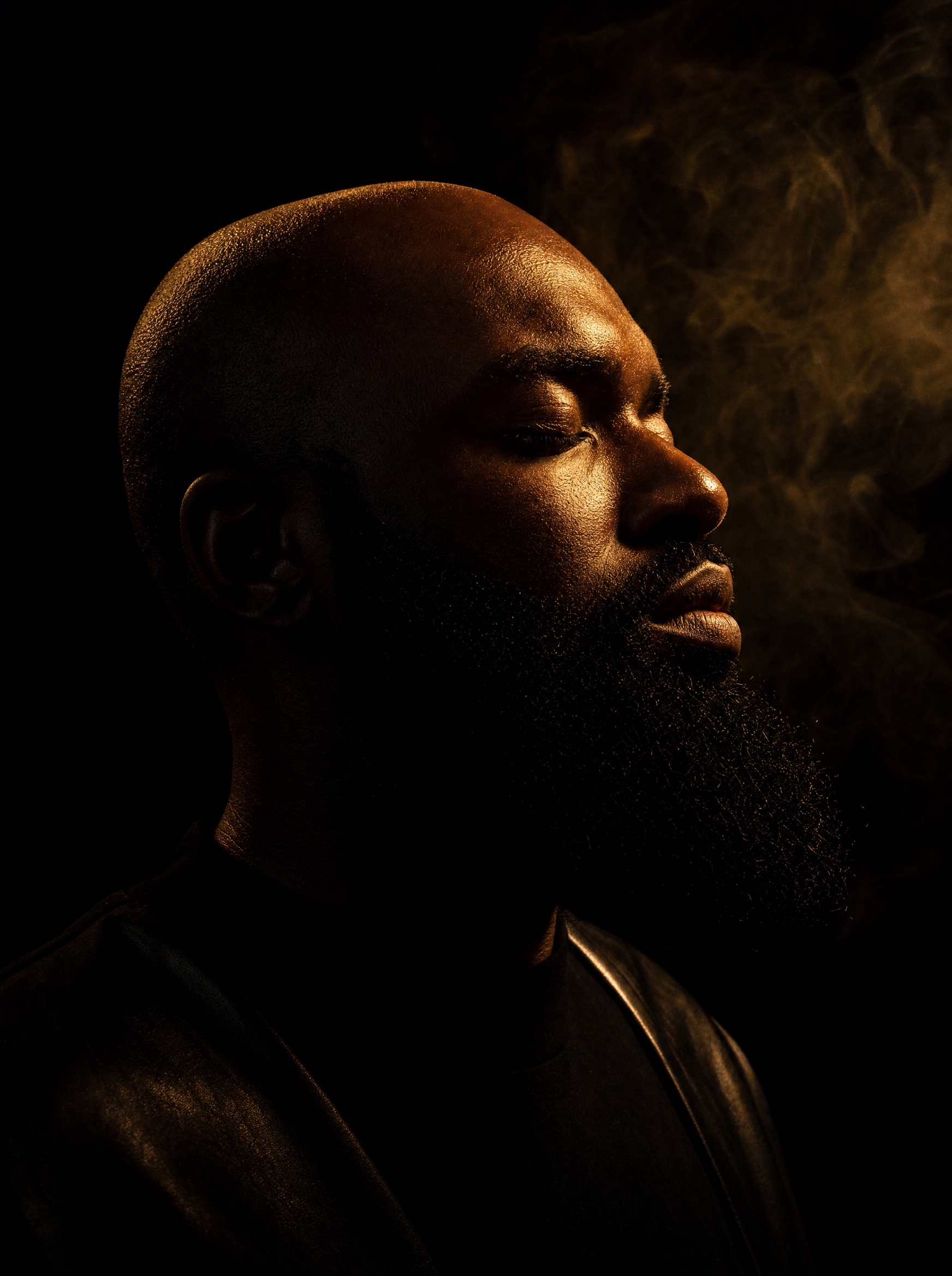 A bald man with a full dark beard in profile, his shaved crown traced by warm light against darkness